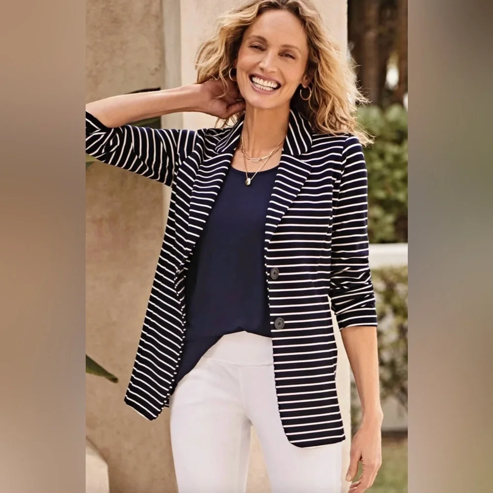 J. JILL Wearever Preppy Business Casual Stretchy Unstructured Striped Blazer 2X